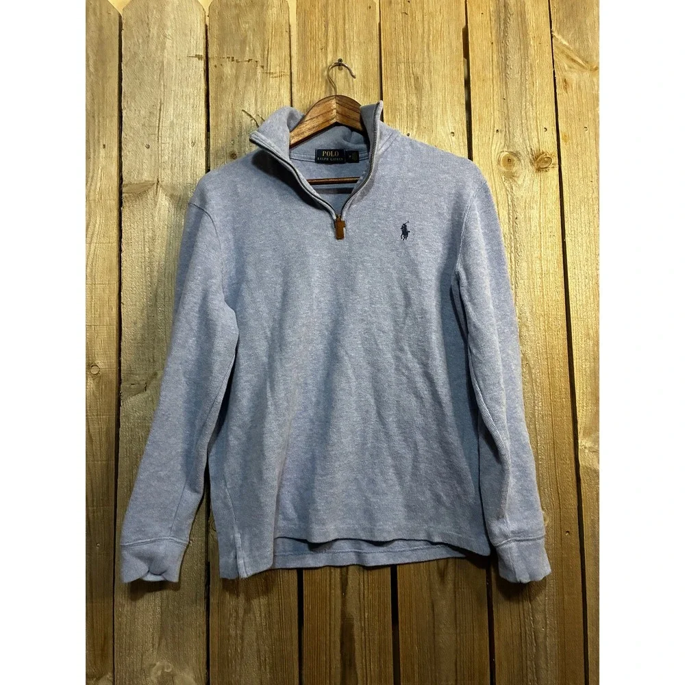 Polo Ralph Lauren Mens Quarter Zip Pullover Light Blue Heather Cotton Sweater M